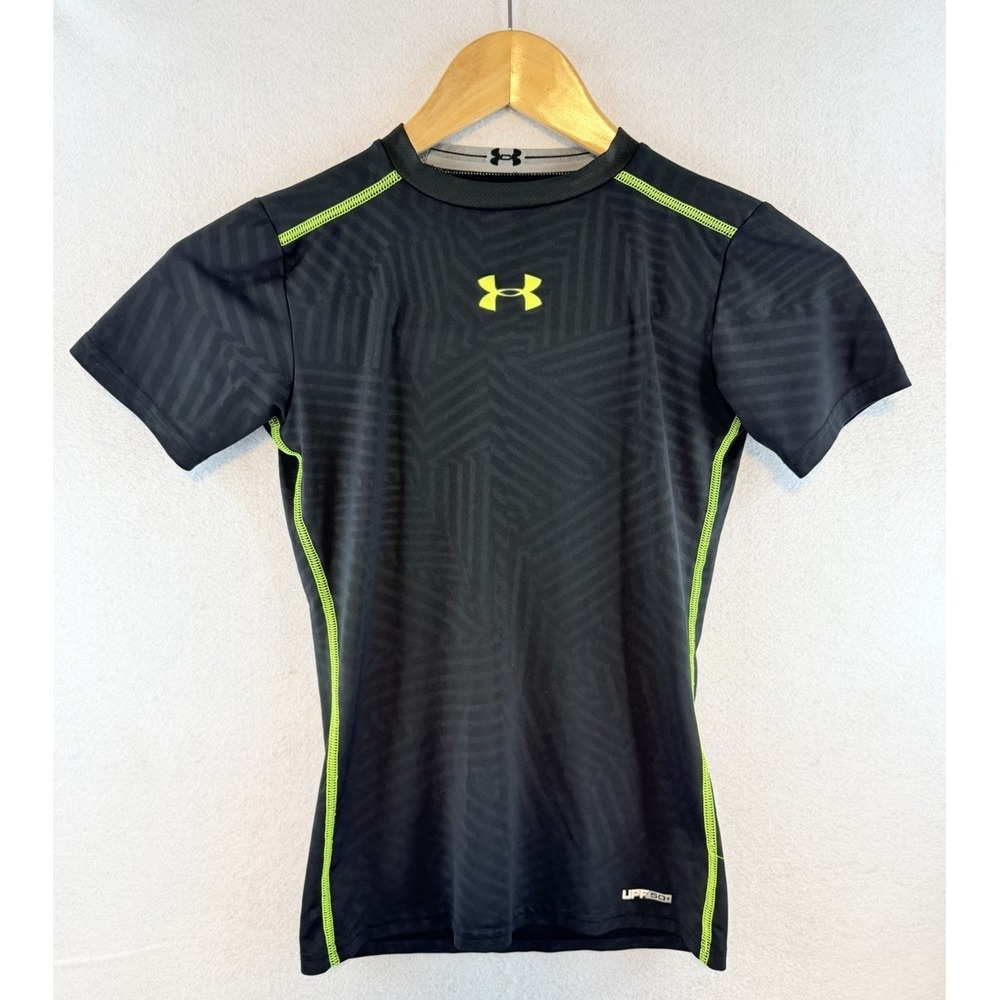 Under‎ Armour Youth HeatGear Fitted Short Sleeve Shirt, Black, Neon Yellow, Med
